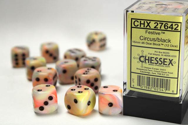 Festive Circus/black 16mm d6 Dice Block (12 dice)