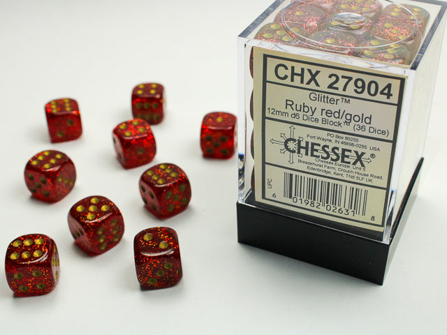 Glitter Ruby/gold 12mm d6 Dice Block (36 dice)