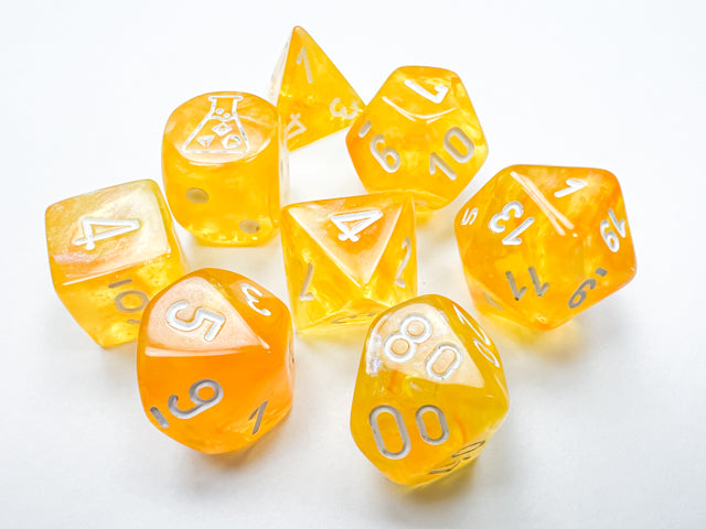 Borealis Canary/white Luminary Polyhedral 7-Dice Set (with bonus die)