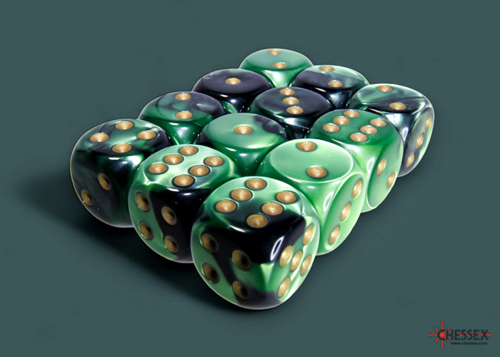 Gemini Black-Green/gold 16mm d6 Dice Block (12 dice)
