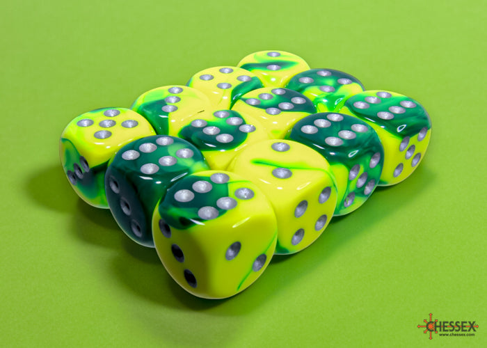 Gemini Green-Yellow/silver 16mm d6 Dice Block (12 dice)