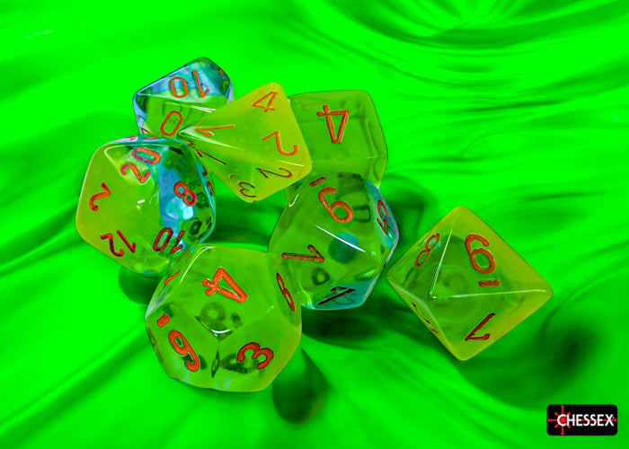 Gemini Plasma Green-Teal/orange Luminary Polyhedral 7-Dice Set