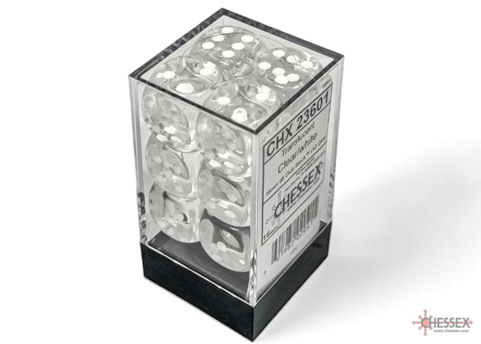 Translucent Clear/white 16mm d6 Dice Block (12 dice)