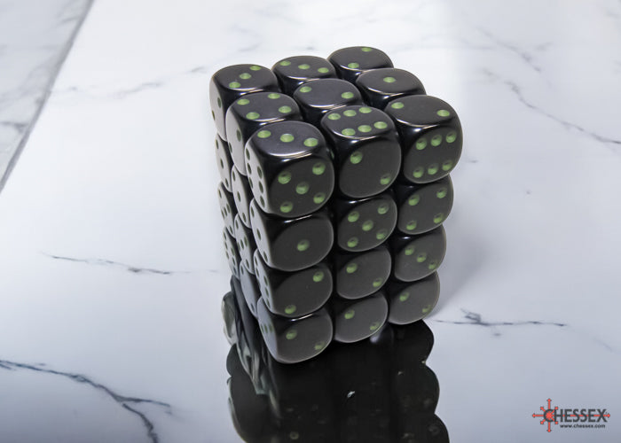 Opaque Black/green 12mm d6 Dice Block (36 dice)