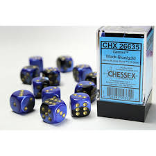 Gemini Black-Blue/gold 16mm d6 Dice Block (12 dice)