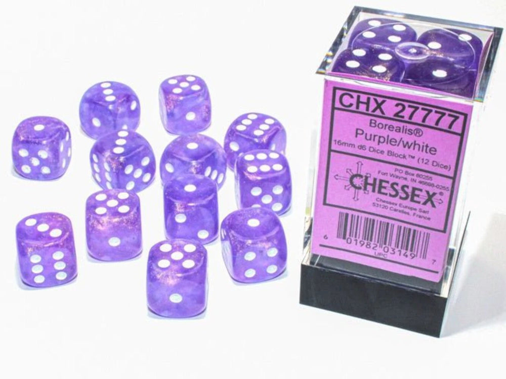 Chessex Borealis 16mm d6 Purple/White Luminary Dice ...