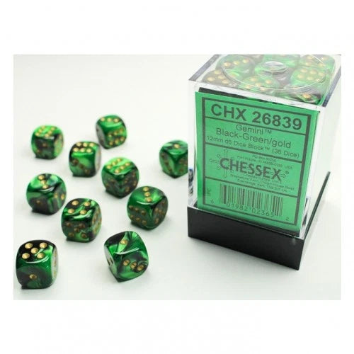 Dice - 12 Mm - Gemini Black-Green/Gold (Dice Set 36 X W6)
