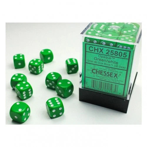 Dice - 12 Mm - Opaque Green/White (Dice Set 36 X W6)
